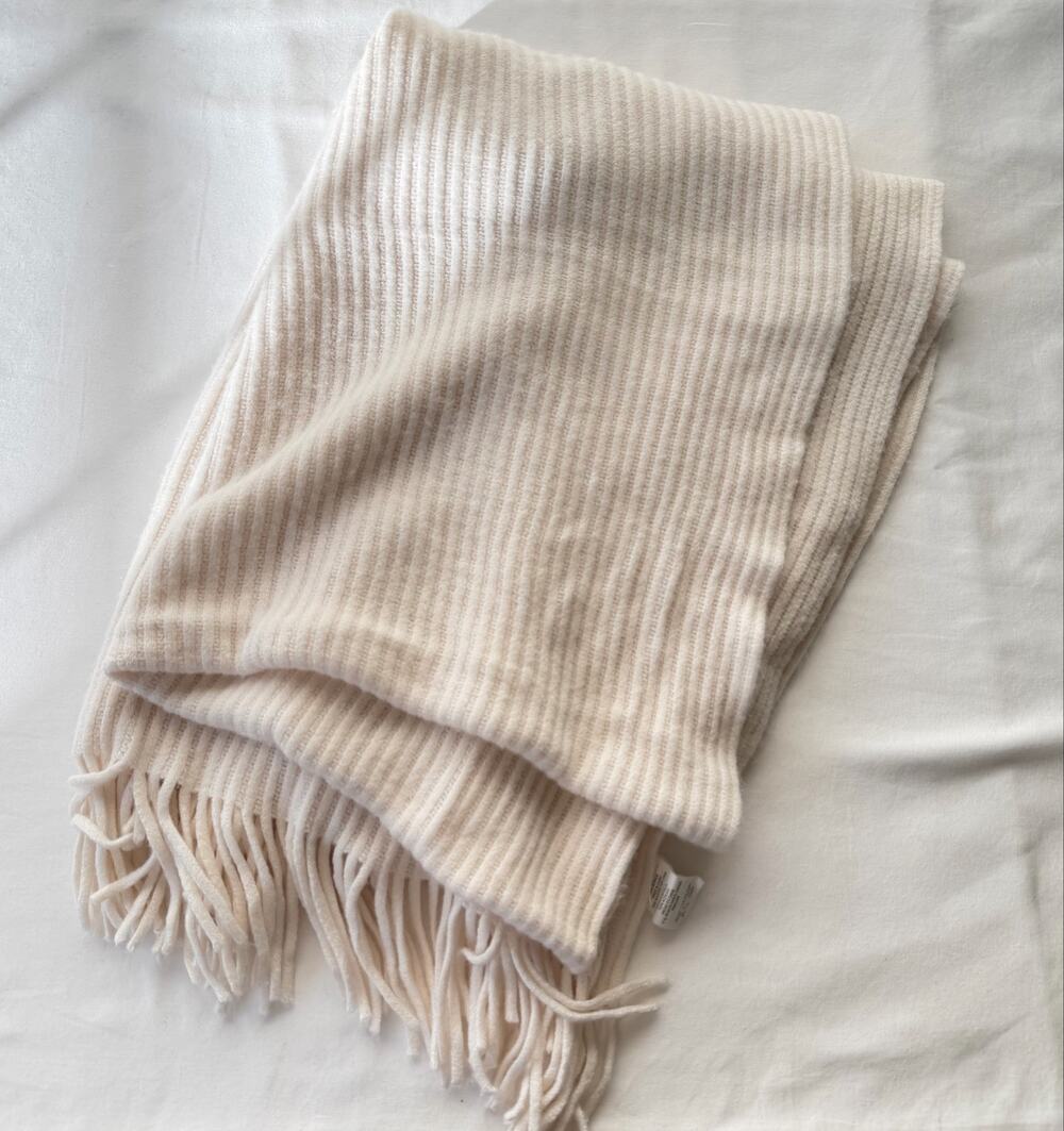 Cream Chunky Ribbed Knit Blanket Scarf Shawl Wrap w/ Fringe